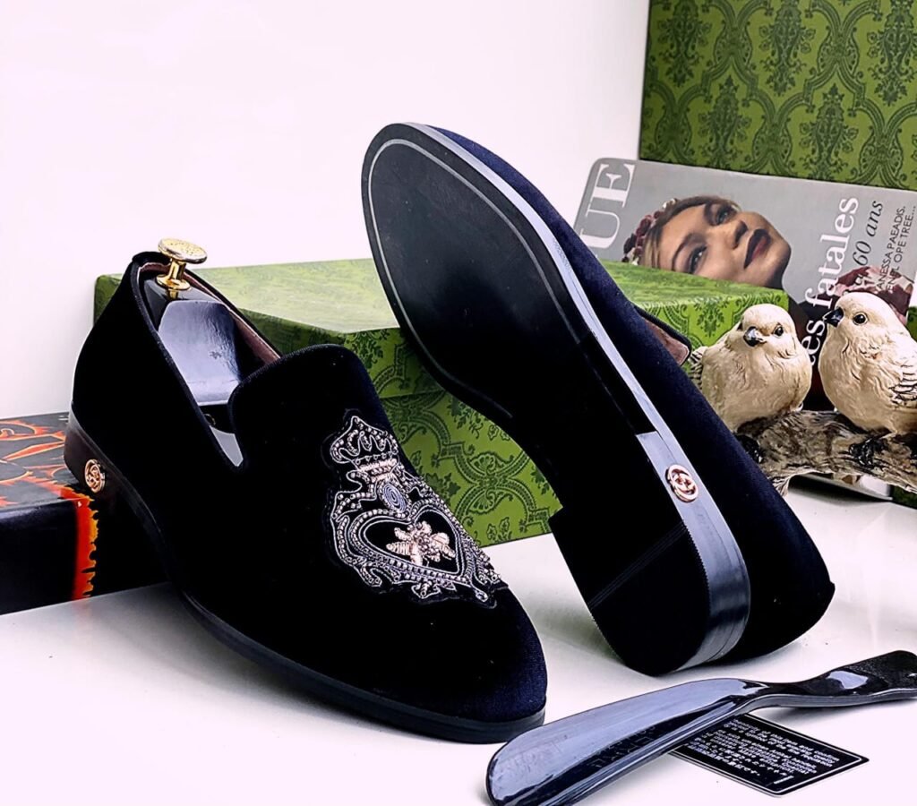Buy trendy type: Loafer with velvet, gold accents, crown detail, and floral embellishments