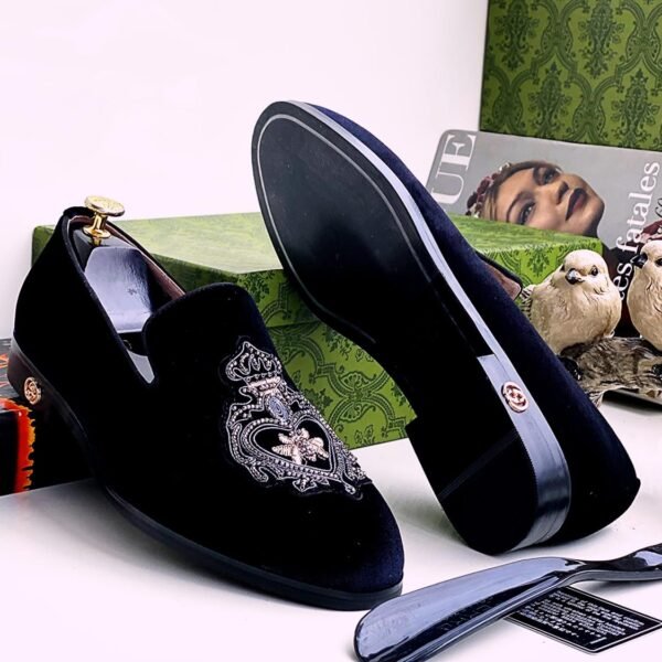 Buy trendy type: Loafer with velvet, gold accents, crown detail, and floral embellishments