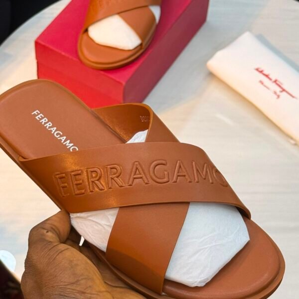 Ferragamo  Crossover Leather Slides – Tan